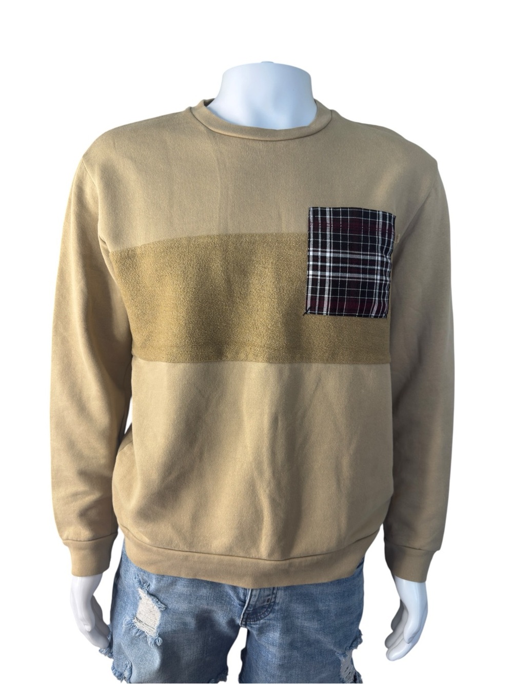Zara Tan Plaid Pocket Colorblock Sweatshirt